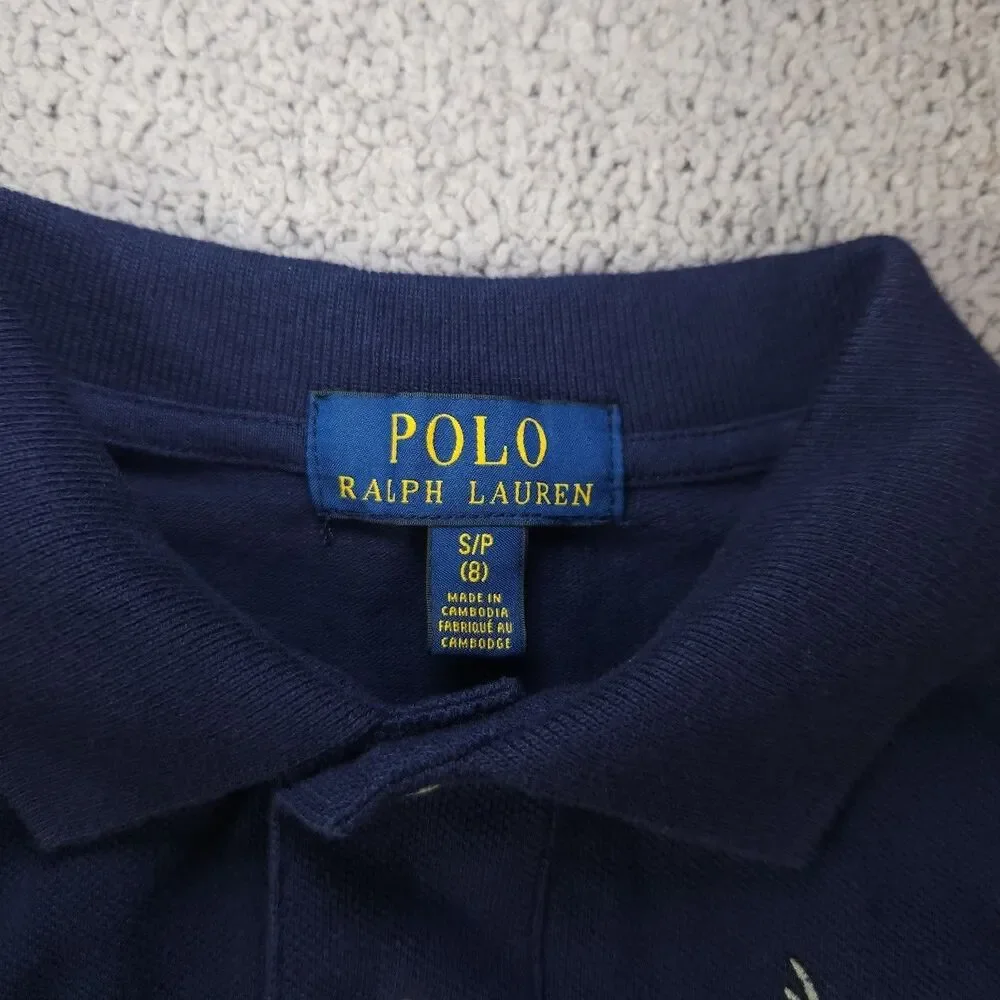 Ralph Lauren Youth Small (8) Skiing Bear Navy Blue Polo Long Sleeve Collared